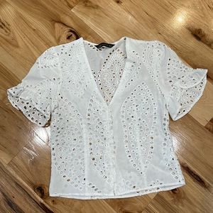 Zara woman eyelet see through blouse white front buttons Sz small cotton
